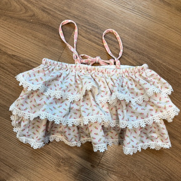 Bliss by LBCCo Other - Bliss by LBCCo Girls Pink Floral Ruffle Lace Top Size 8 Cottagecore